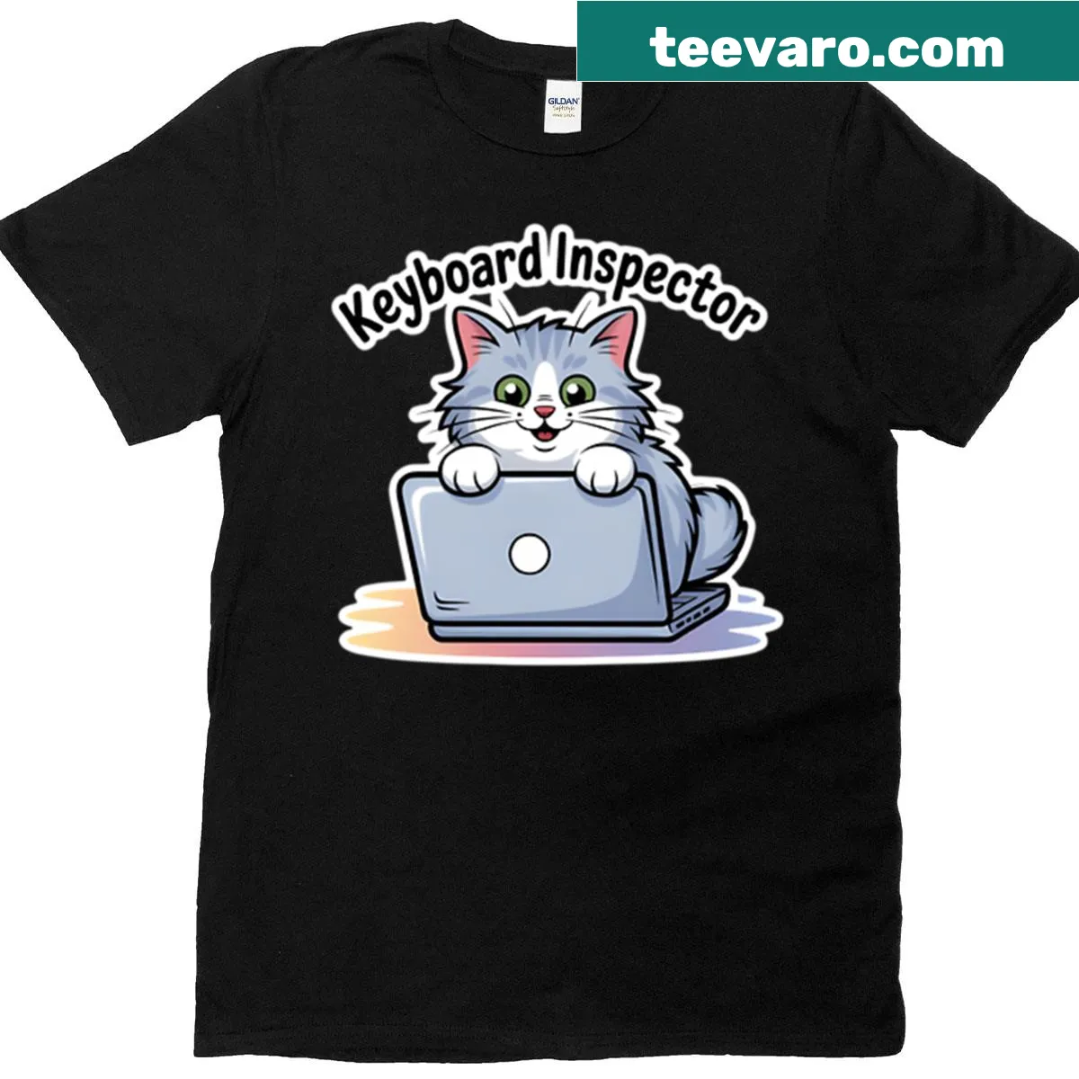 Illustrated cat inspecting a keyboard on a T-shirt — on a men's t-shirt