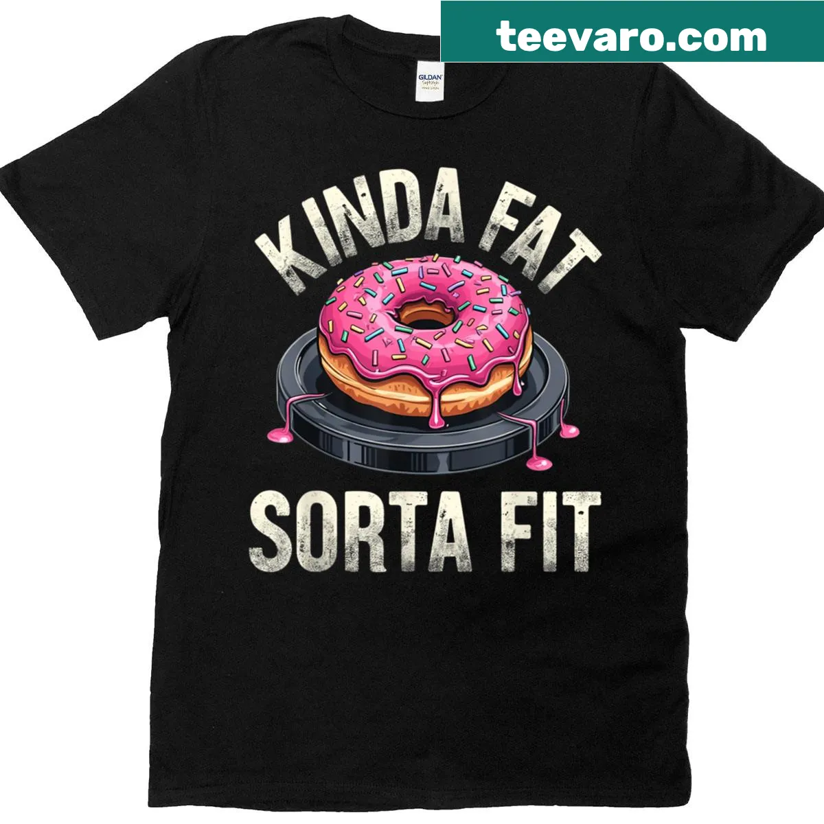 Funny gym t-shirt with 'Kinda Fat Sorta Fit' donut meme — on a men's t-shirt