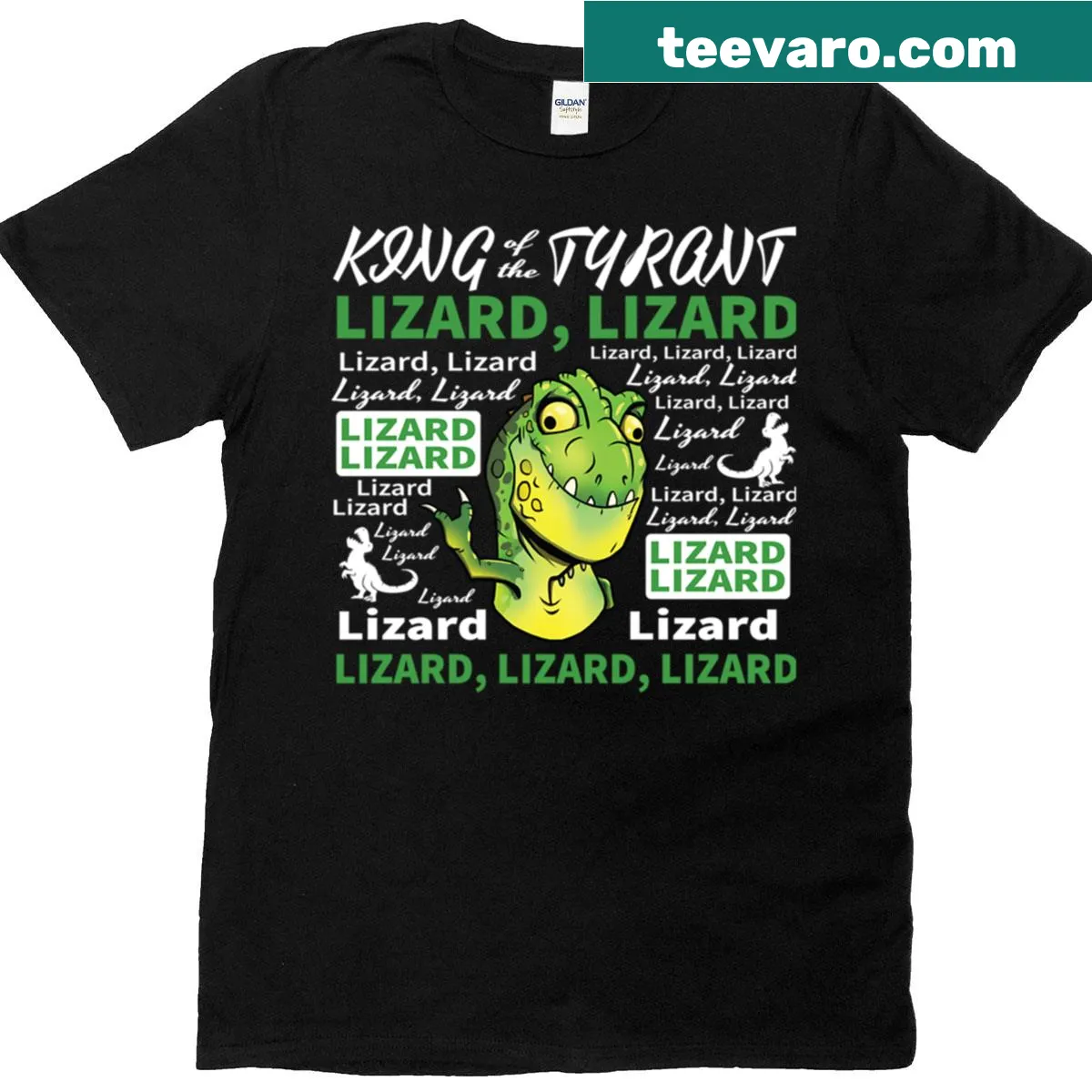 Bold white text T-shirt featuring King Of The Tyrant Lizard graphic — on a men's t-shirt
