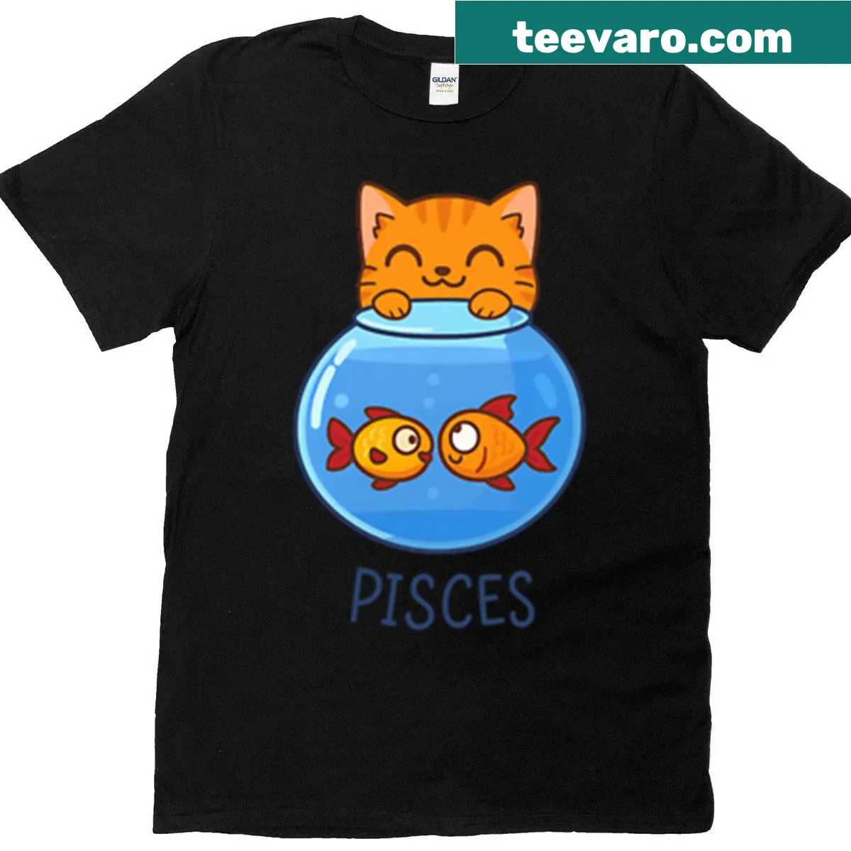 T-shirt featuring a kitten as a Pisces zodiac sign illustration — on a men's t-shirt