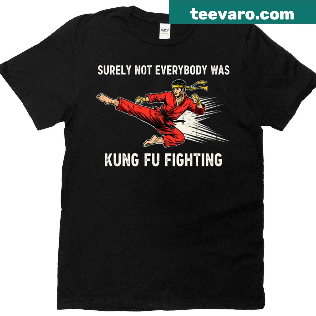 Edgy t-shirt featuring the phrase 'Kung Fu Fighting' in bold typography. — on a men's t-shirt