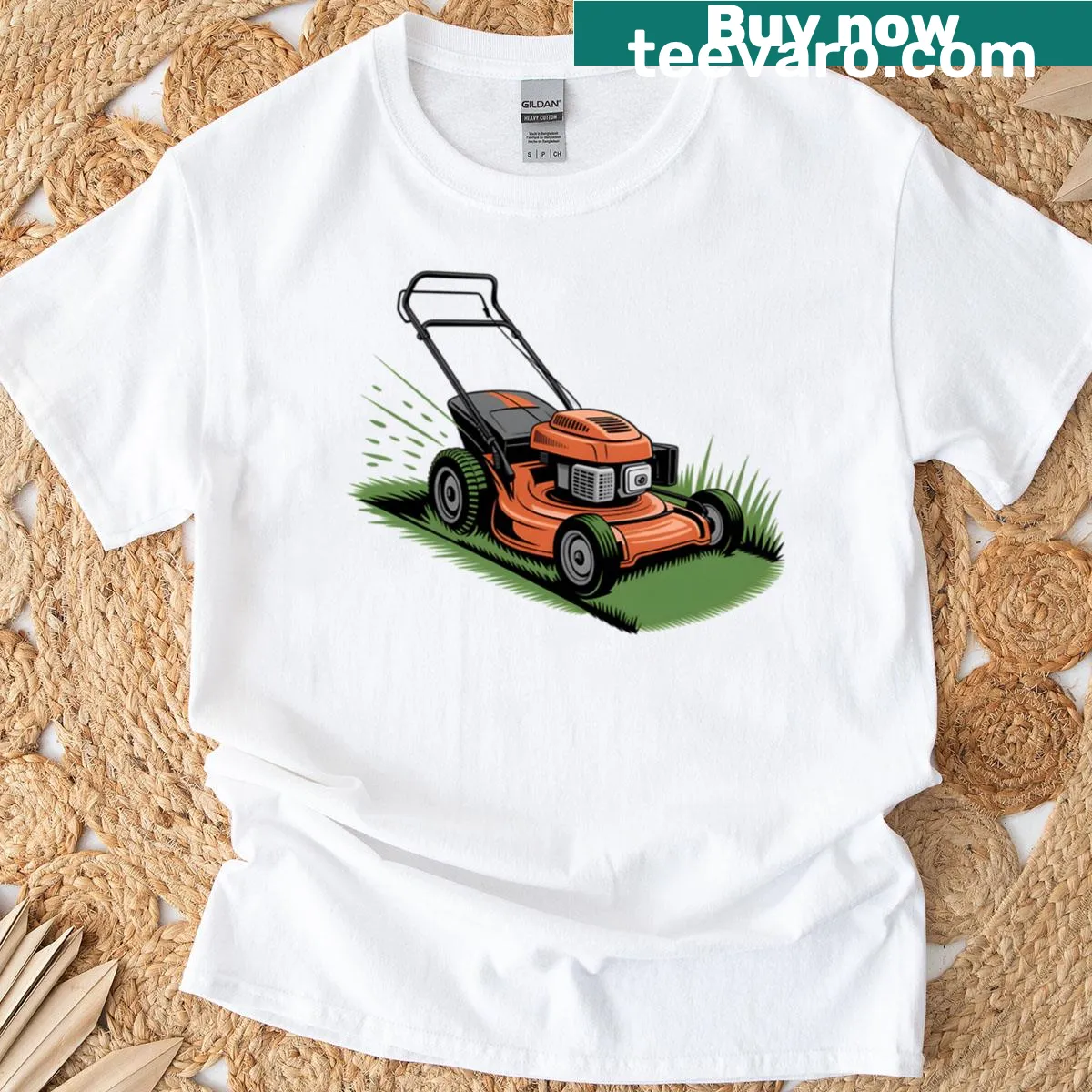 Whimsical lawn mower illustration on a t-shirt — on a men's t-shirt