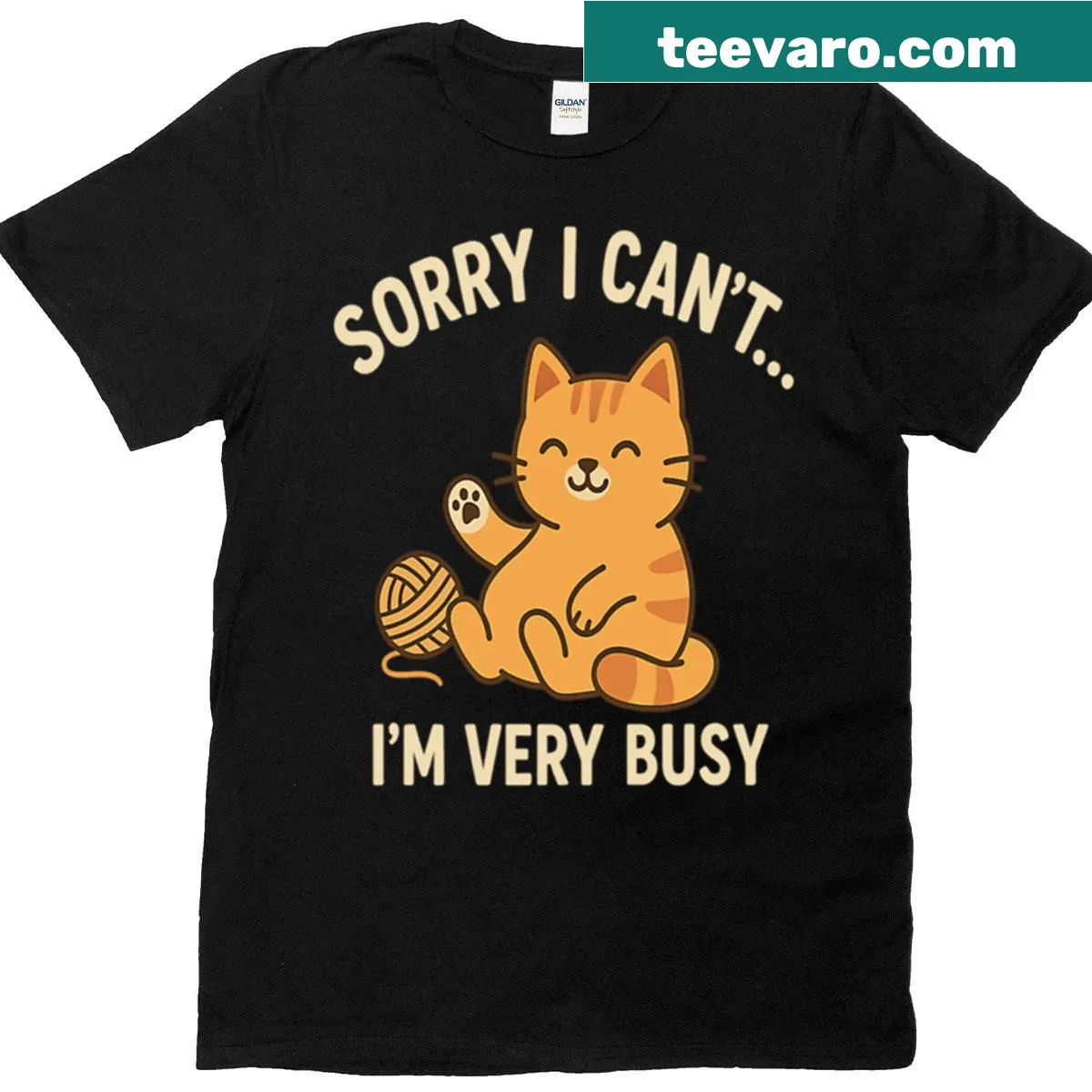 Text saying 'Sorry I Cant Im Busy' with cute cat graphic — on a men's t-shirt