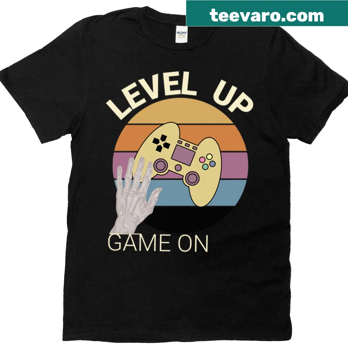 Bold 'Level Up' graphic on a playful gaming T-shirt — on a men's t-shirt