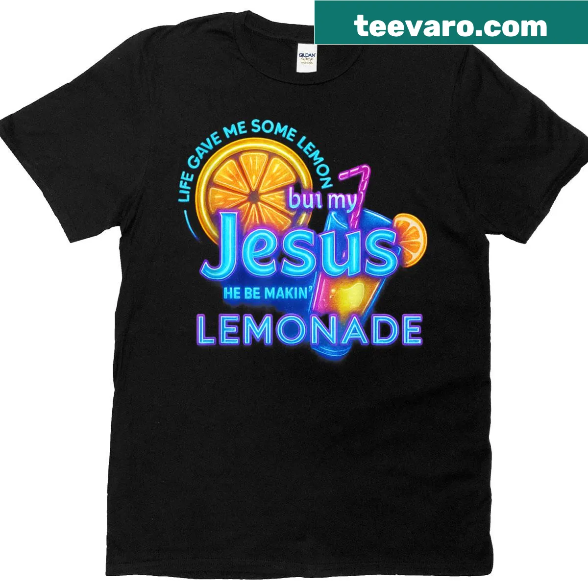Inspirational T-shirt with a faith-based quote about lemons and Jesus — on a men's t-shirt