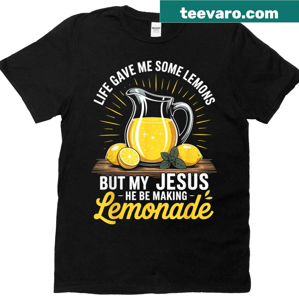 Lemon-themed t-shirt with an uplifting phrase about faith and positivity. — on a men's t-shirt