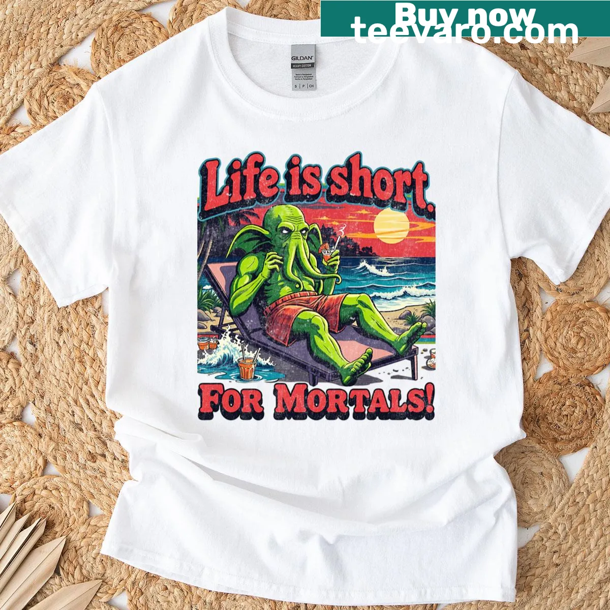 Retro Cthulhu beach design with 'Life Is Short For Mortals' text — on a men's t-shirt