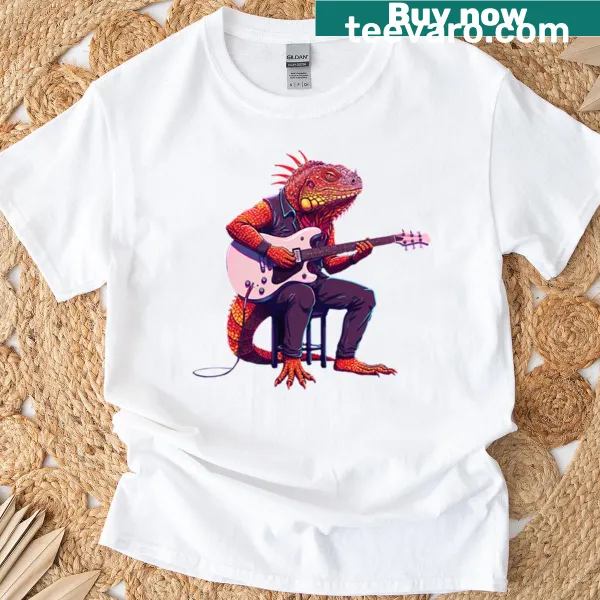 Cartoon lizard playing an electric guitar on a t-shirt
