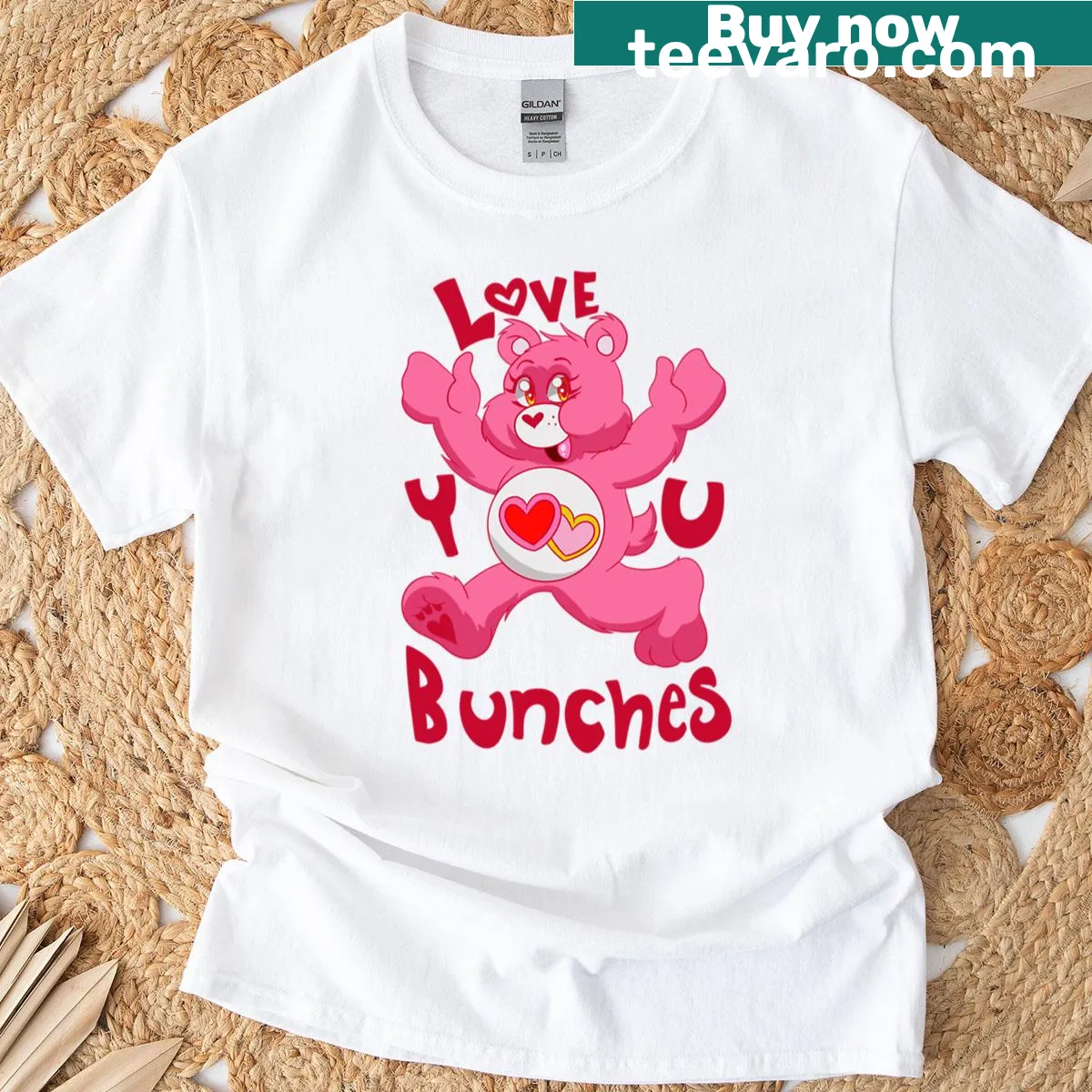 Hand-lettered Love You Bunches graphic on a t-shirt — on a men's t-shirt
