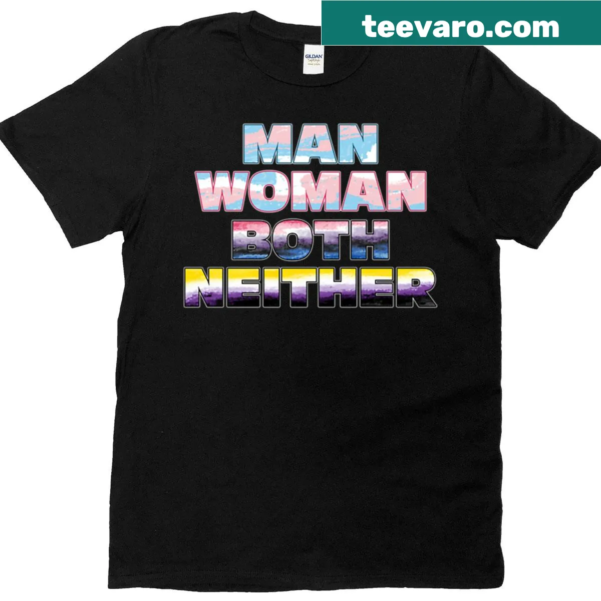T-shirt with a playful swirl design in trans flag colors — on a men's t-shirt