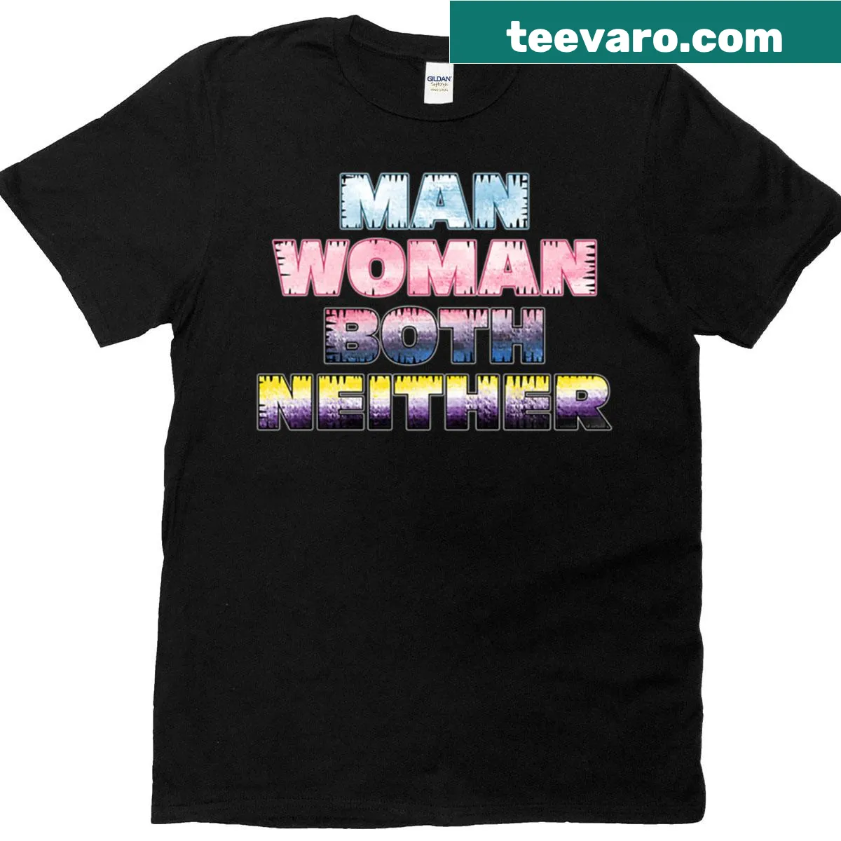 Minimalist design with 'Man, Woman, Both, Neither' text on T-shirt — on a men's t-shirt