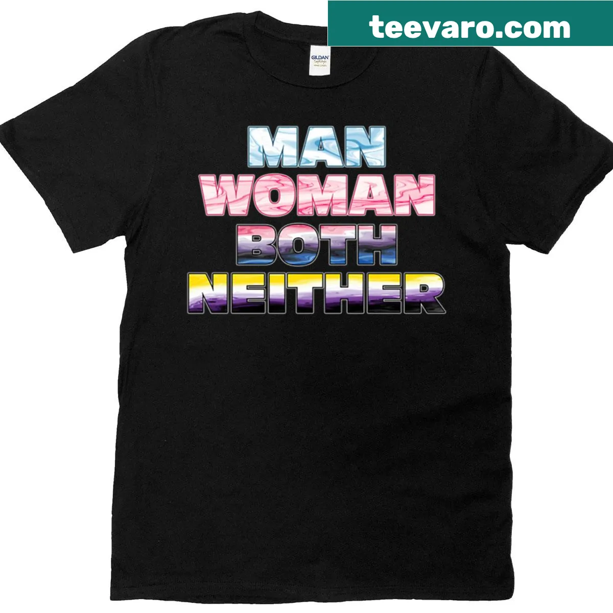 Typographic T-shirt celebrating gender diversity with 'Man-woman-both-neither' text — on a men's t-shirt