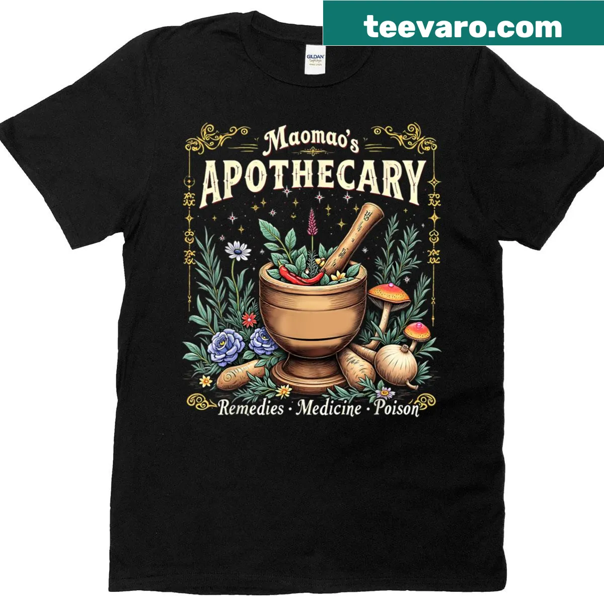 Whimsical T-shirt featuring fantasy herbal potion artwork. — on a men's t-shirt