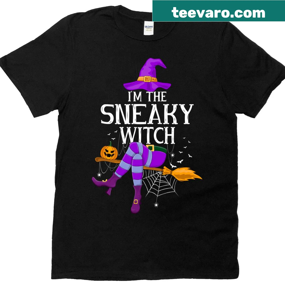 Family Halloween T-shirt with a fun 'I'm The Sneaky Witch' illustration — on a men's t-shirt