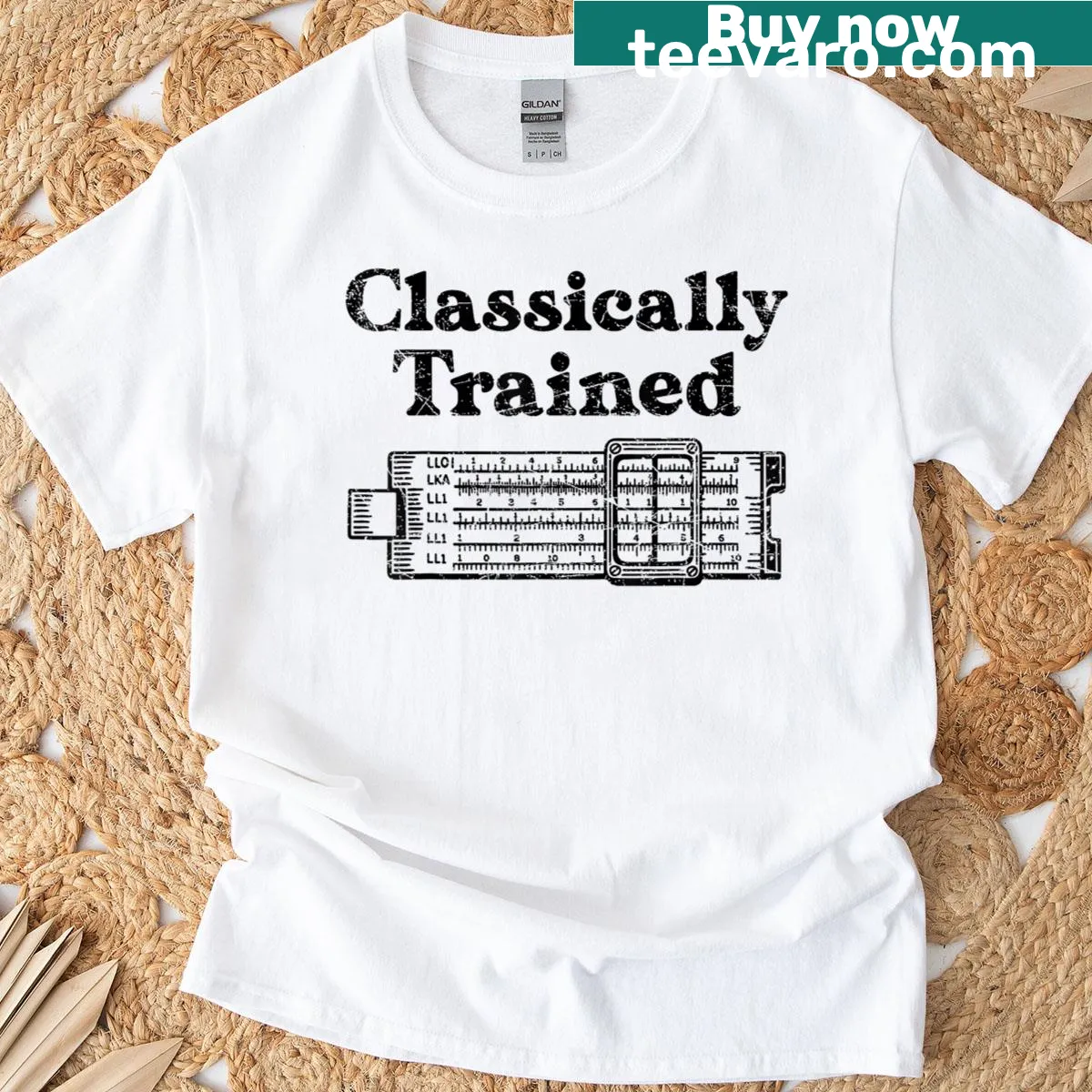 Vintage slide rule graphic on a distressed T-shirt design — on a men's t-shirt