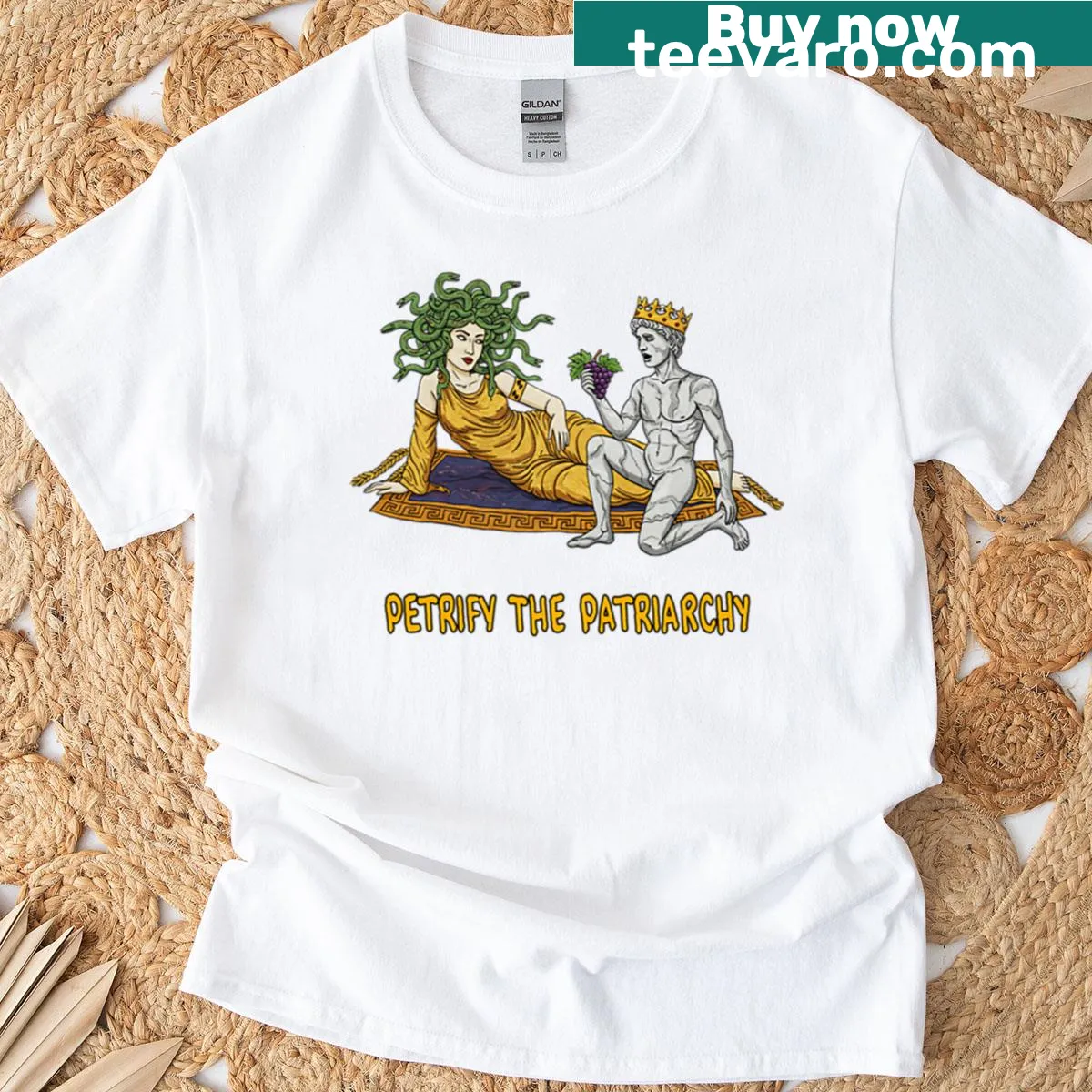 Inspirational feminist T-shirt with the phrase Petrify The Patriarchy — on a men's t-shirt