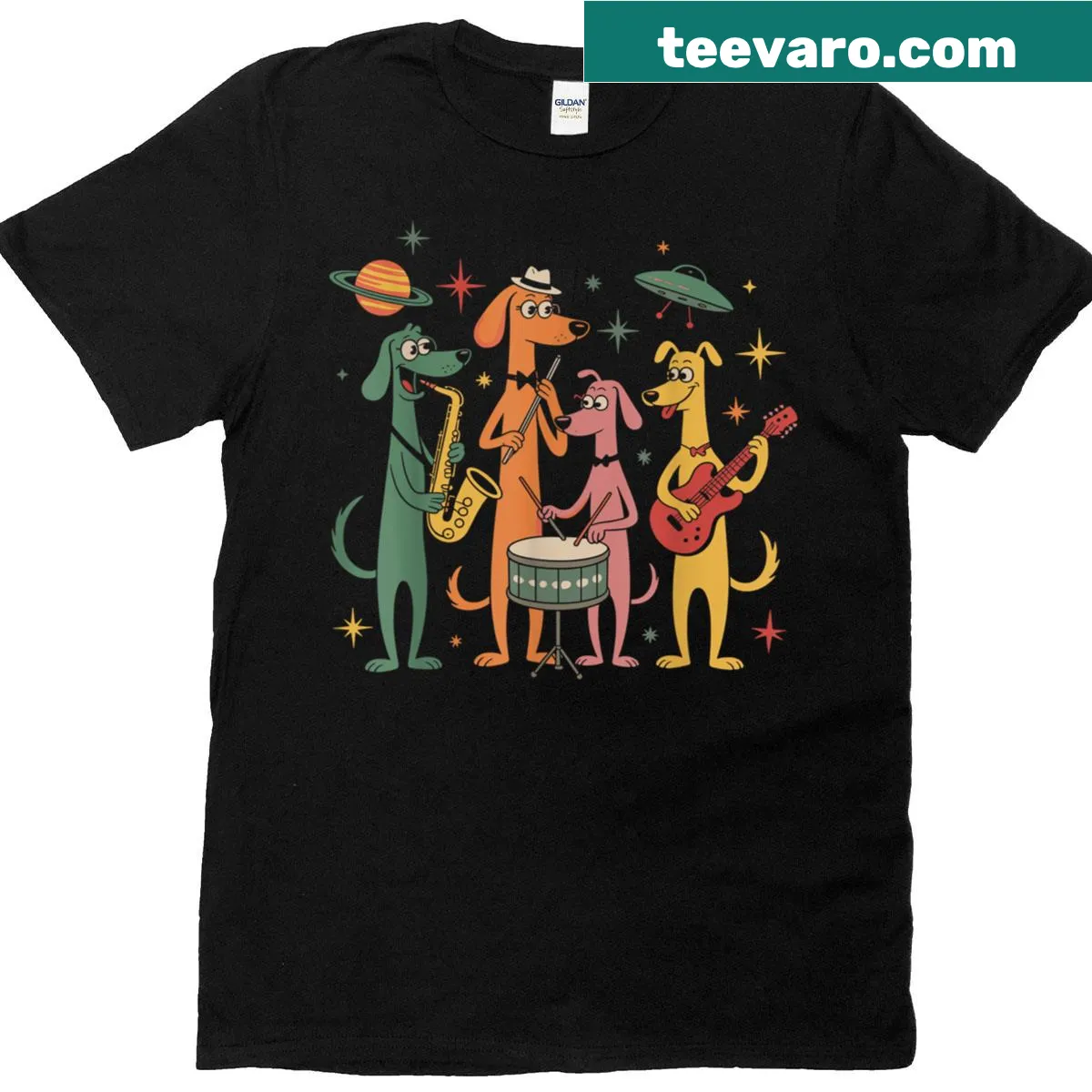 Retro T-shirt featuring mid-century modern jazz dogs line-art design — on a men's t-shirt