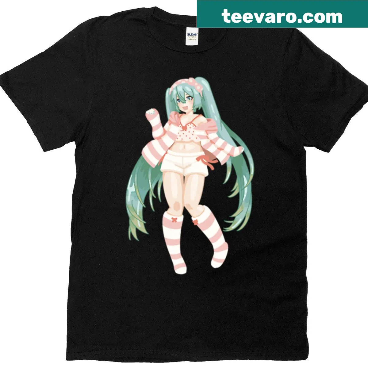 Miku themed T-shirt featuring a cute character illustration — on a men's t-shirt