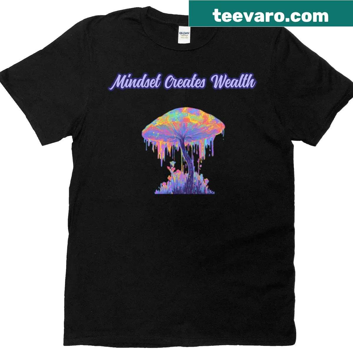 Motivational T-shirt with a psychedelic mushroom graphic and wealth quote — on a men's t-shirt