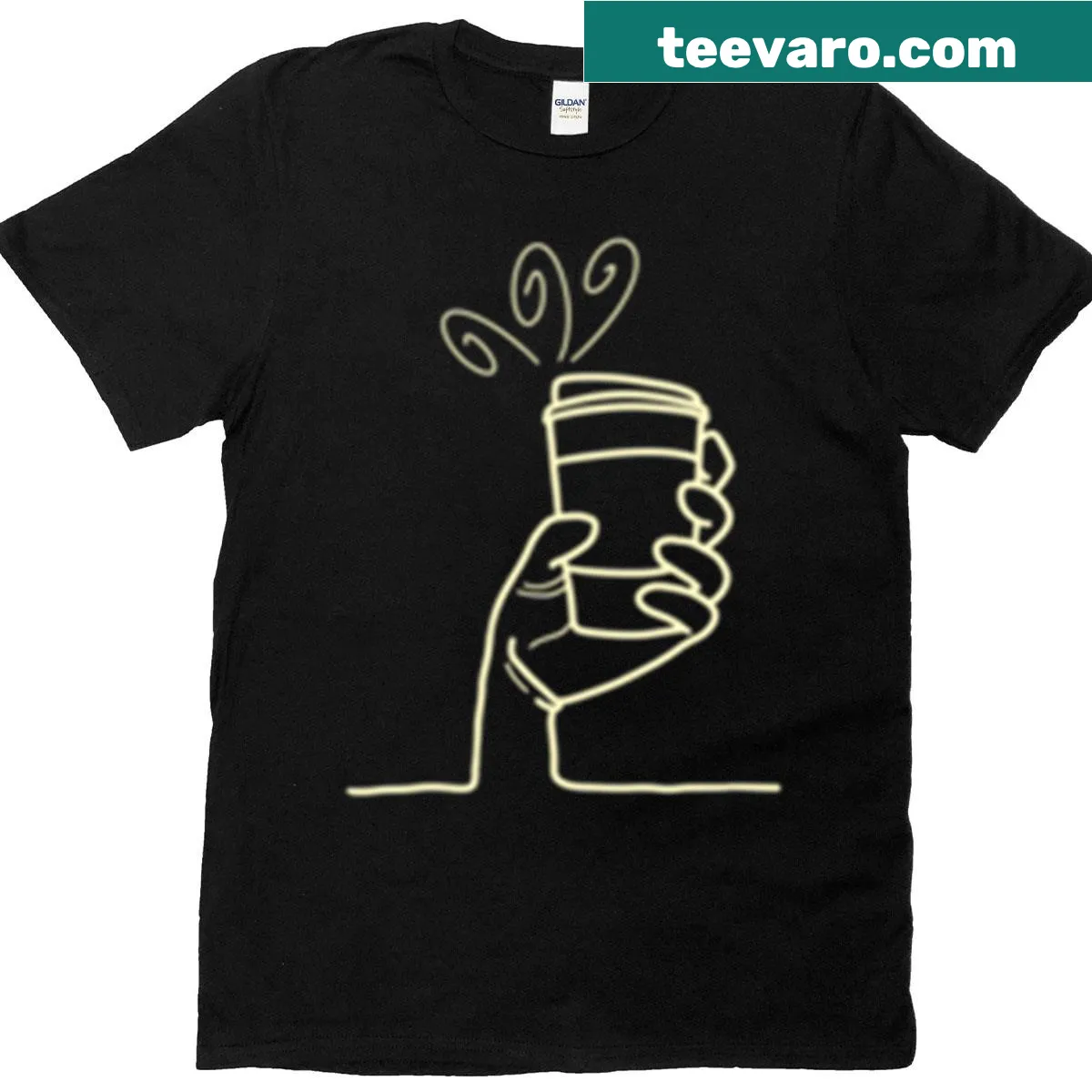 Minimal line-art T-shirt depicting a coffee cup design — on a men's t-shirt