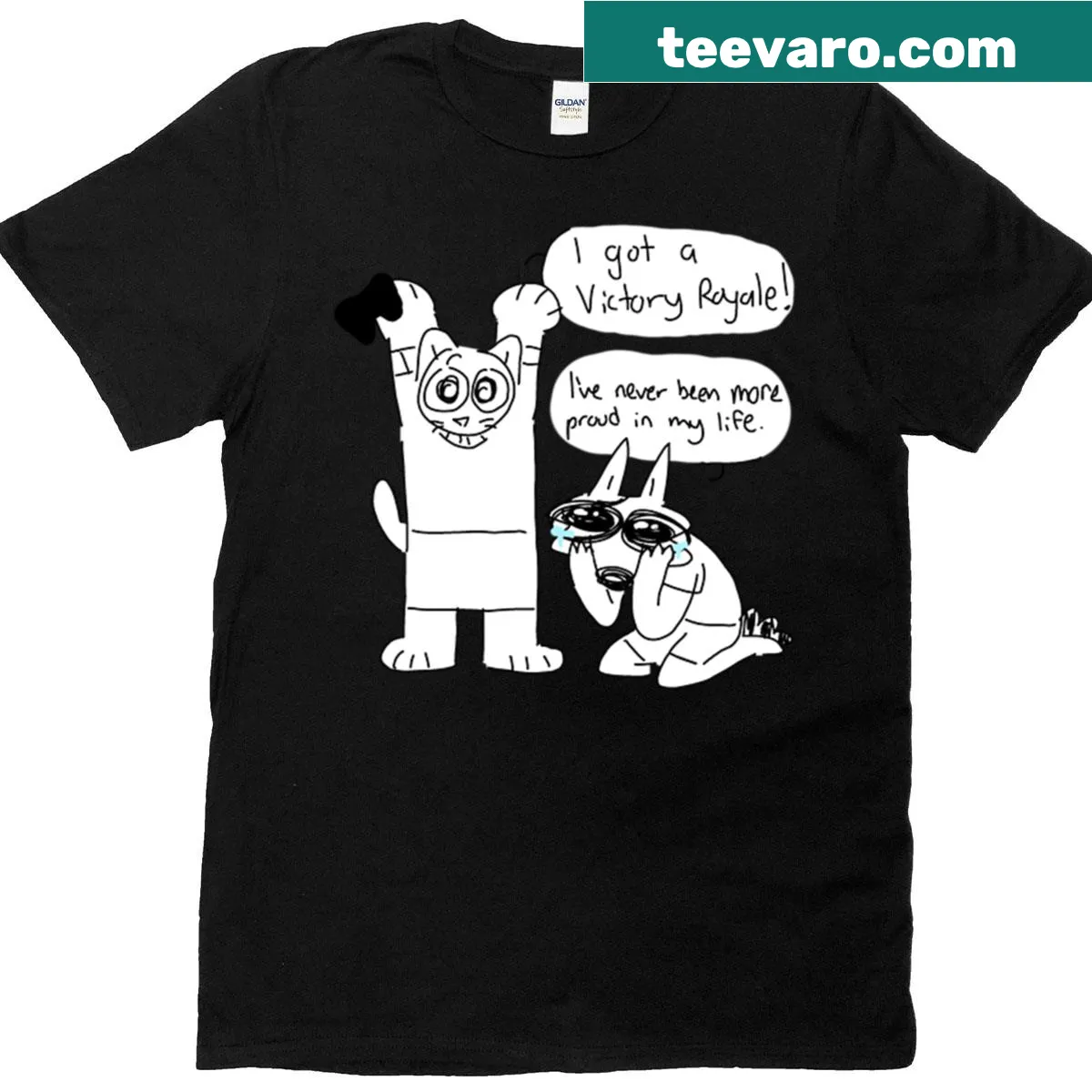 Cartoon cat Mittens celebrating victory royale with humor — on a men's t-shirt