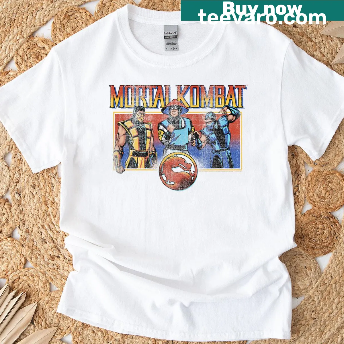 Retro Mortal Kombat character line-up t-shirt — on a men's t-shirt