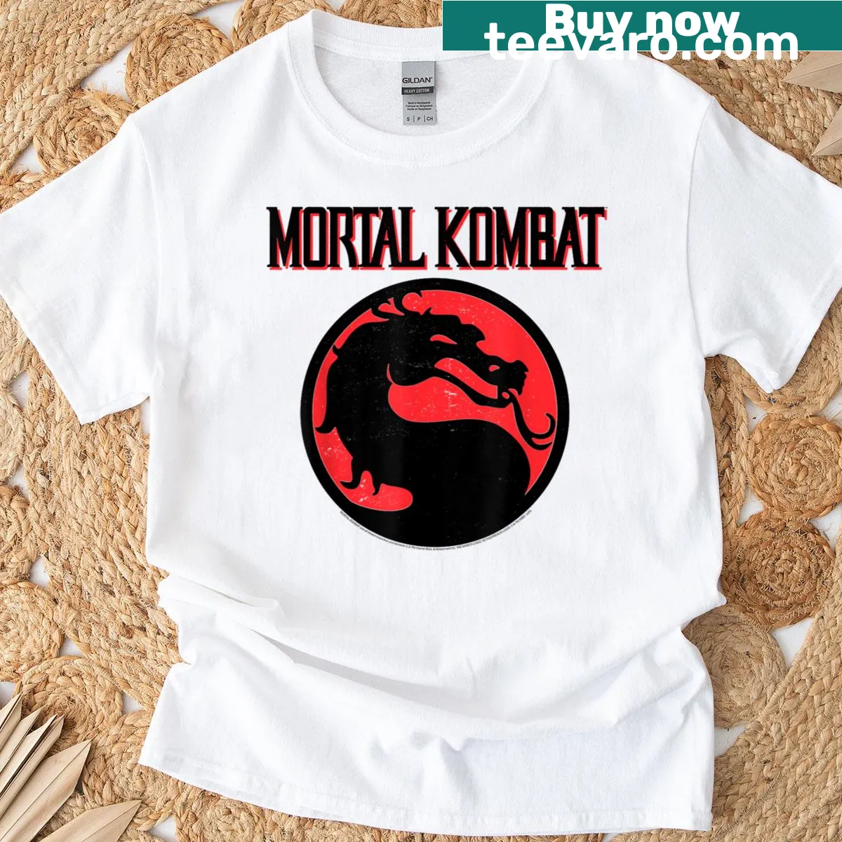 Vintage T-shirt featuring the Mortal Kombat dragon logo in black and red. — on a men's t-shirt