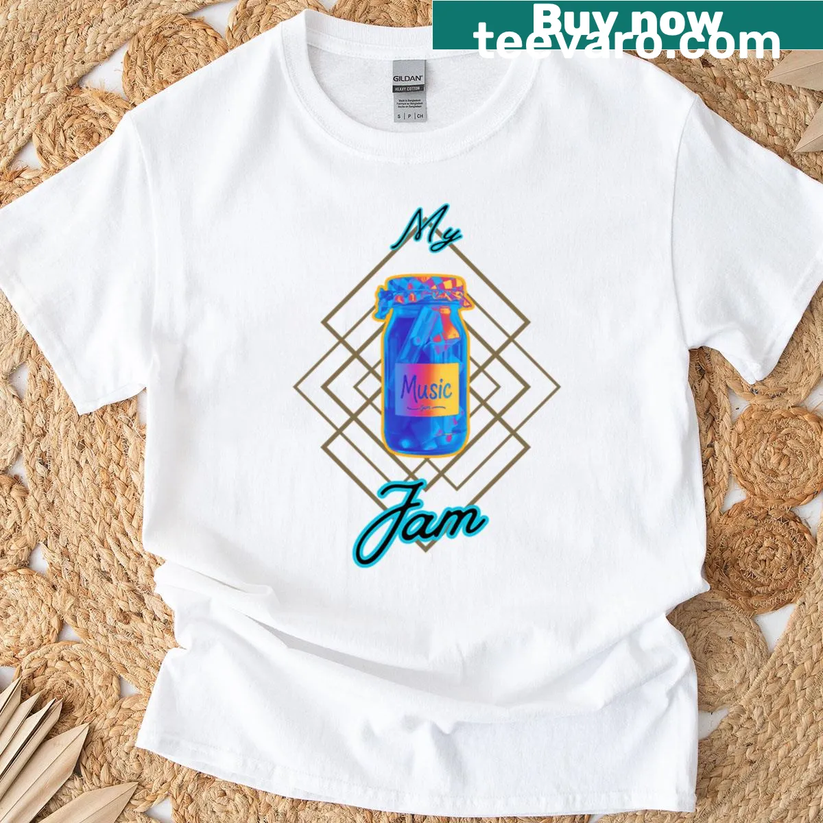 Music-themed T-shirt with 'My Jam' text design — on a men's t-shirt