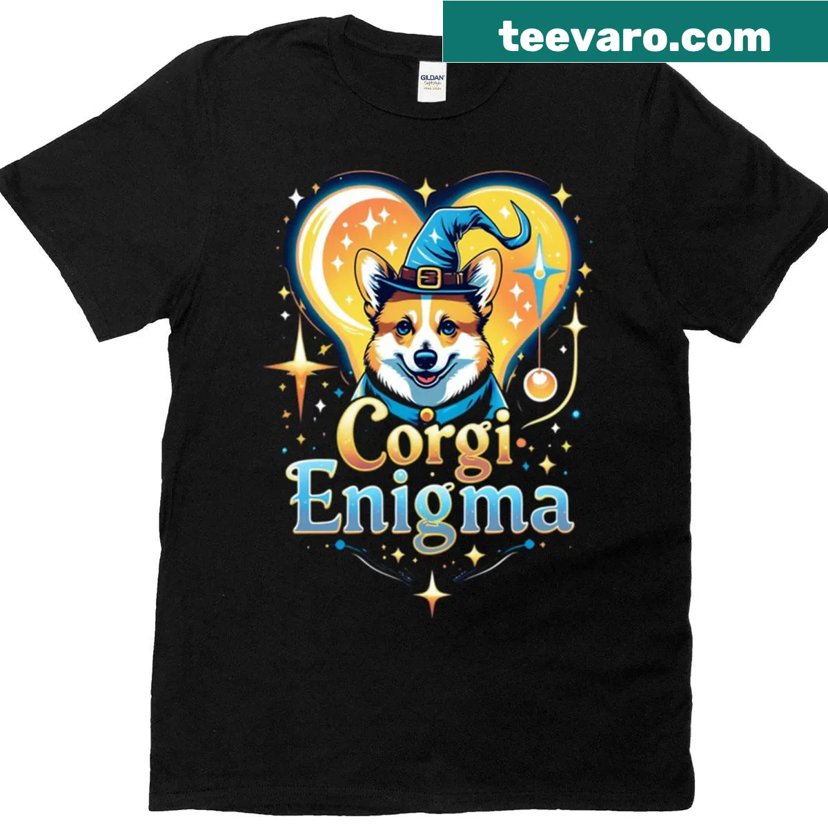 Whimsical illustration of a mystical corgi with magical elements — on a men's t-shirt