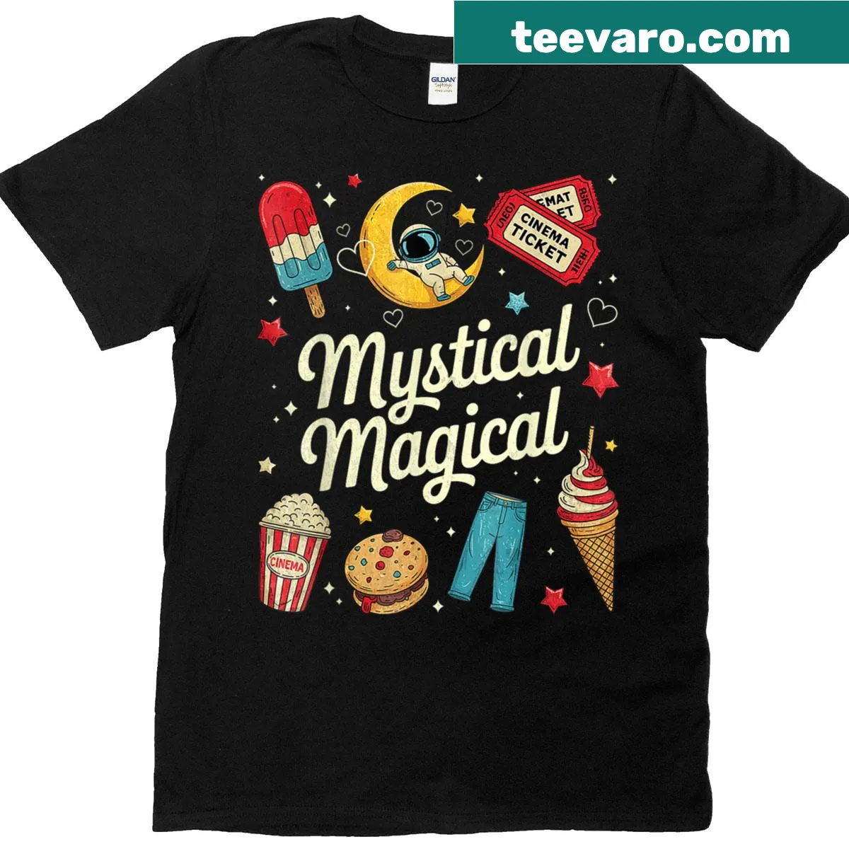 Mystical T-shirt featuring magical design and Americana elements — on a men's t-shirt