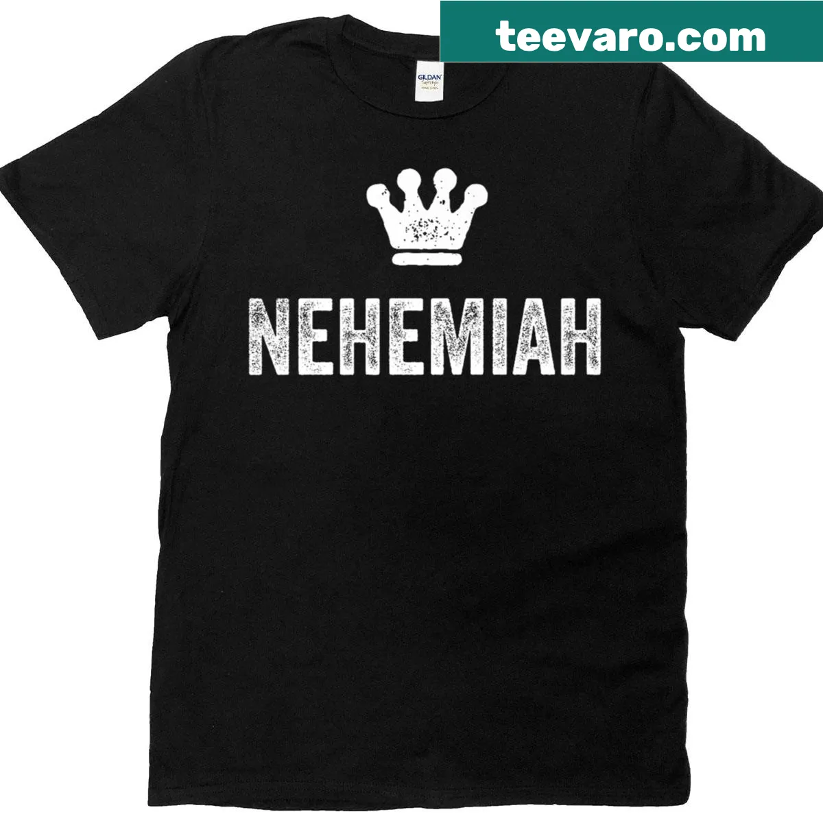 T-shirt with the name Nehemiah and a crown graphic — on a men's t-shirt