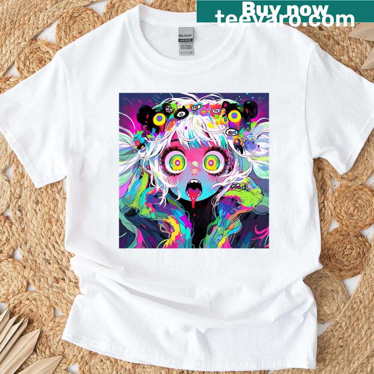 Neon Horror Anime Girl T-shirt featuring expressive character illustration — on a men's t-shirt