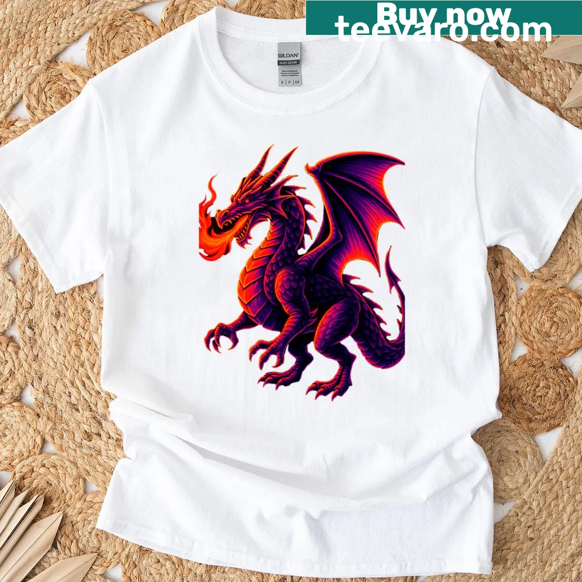 Illustration of a dragon in a retro sky on a T-shirt — on a men's t-shirt