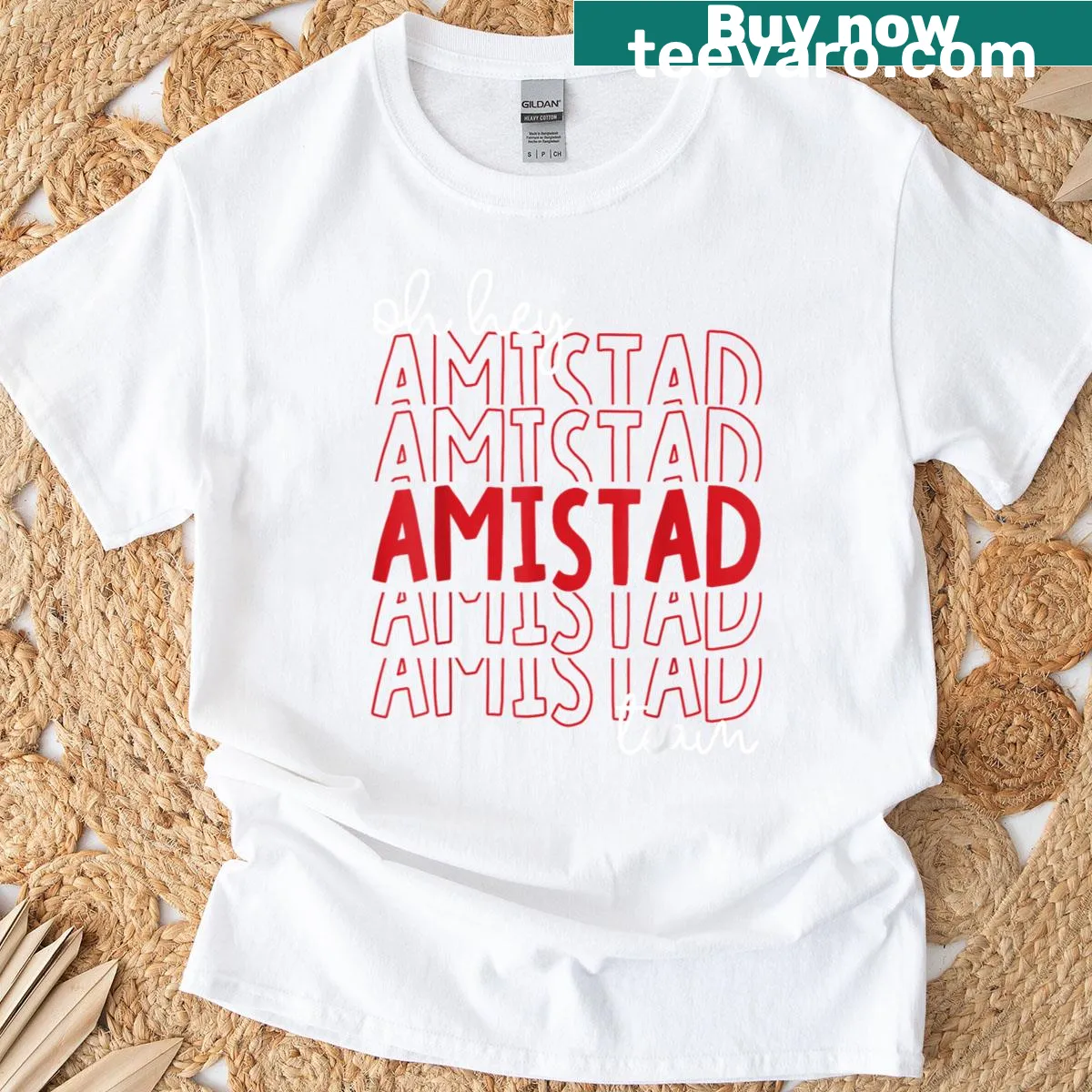 Typography T-shirt with 'Oh Hey Amistad' message — on a men's t-shirt