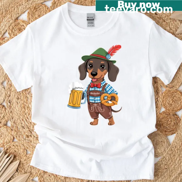 Cartoon dachshund in costume with pretzel and beer for Oktoberfest.