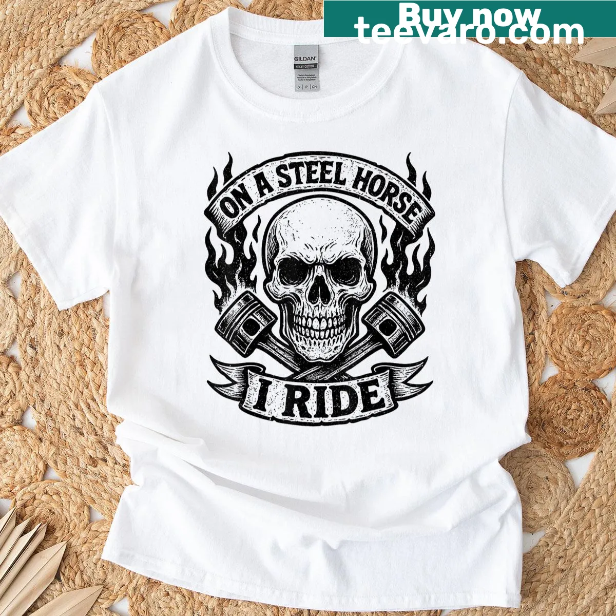 Biker t-shirt featuring a skull design with motorcycle-themed text. — on a men's t-shirt