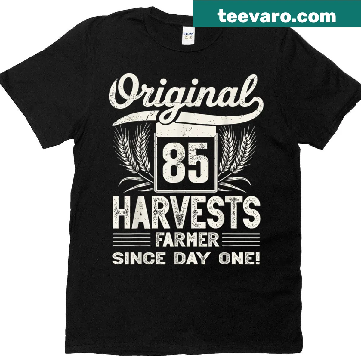 Funny birthday shirt for farmers with text celebrating 85 years of farming — on a men's t-shirt