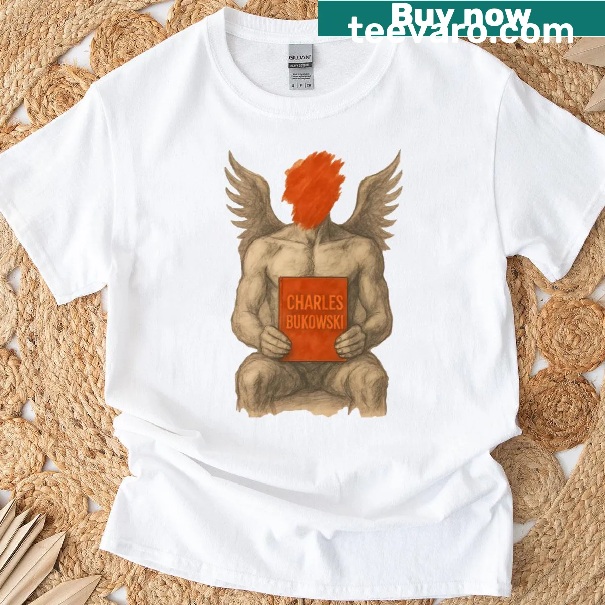 Gritty literary art of an angel reading a Bukowski book on a T-shirt — on a men's t-shirt