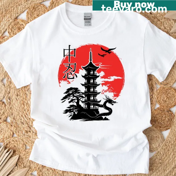 T-shirt featuring an illustration of a traditional Japanese pagoda