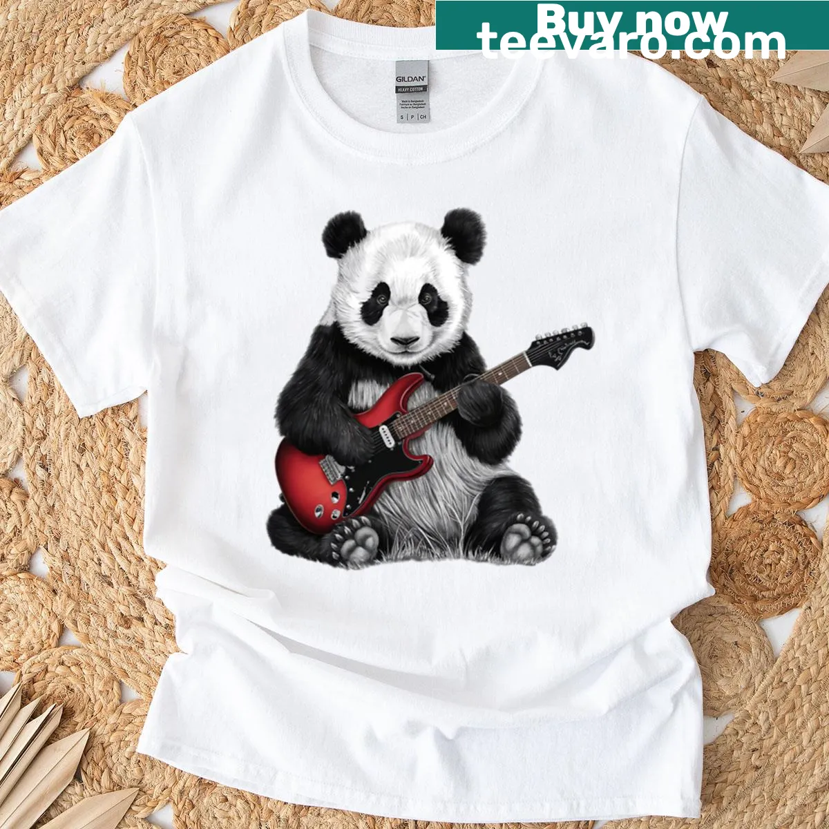 Cartoon panda playing electric guitar on a T-shirt — on a men's t-shirt