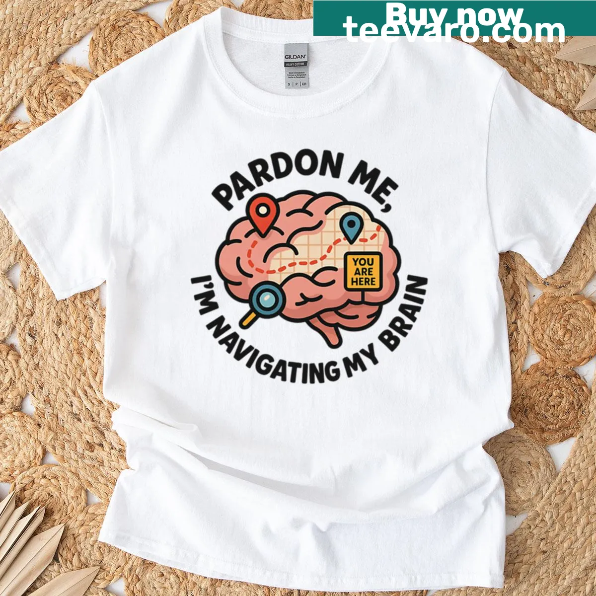 Humorous phrase about navigating thoughts on a T-shirt. — on a men's t-shirt