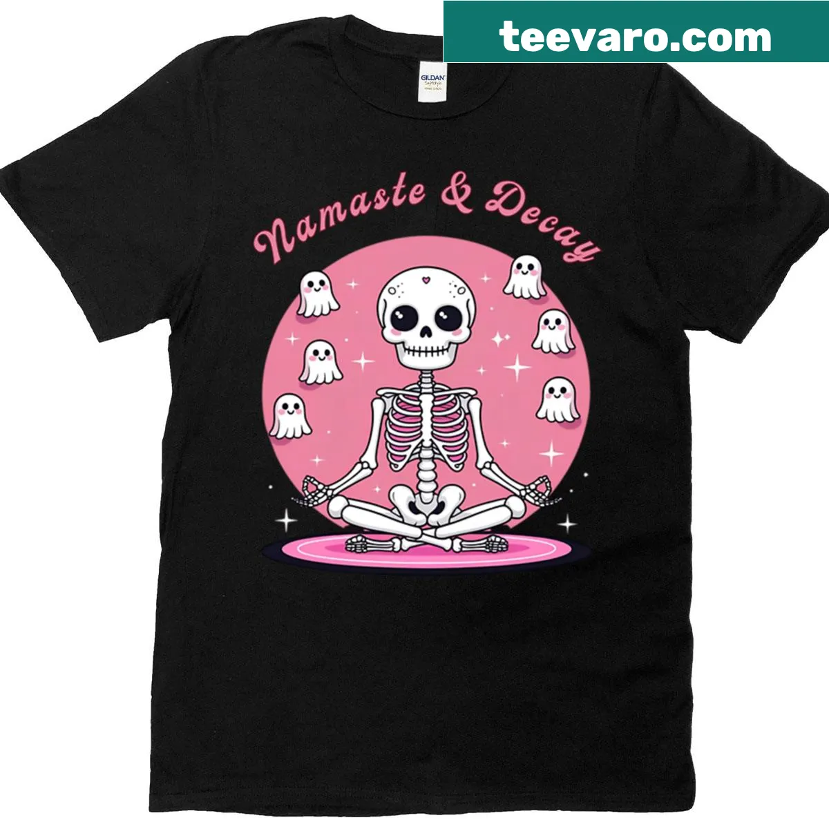 Skeleton in yoga pose with 'Namaste' text on T-shirt — on a men's t-shirt
