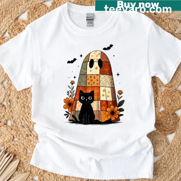 Halloween-themed t-shirt featuring a patchwork ghost and a cute black cat.
