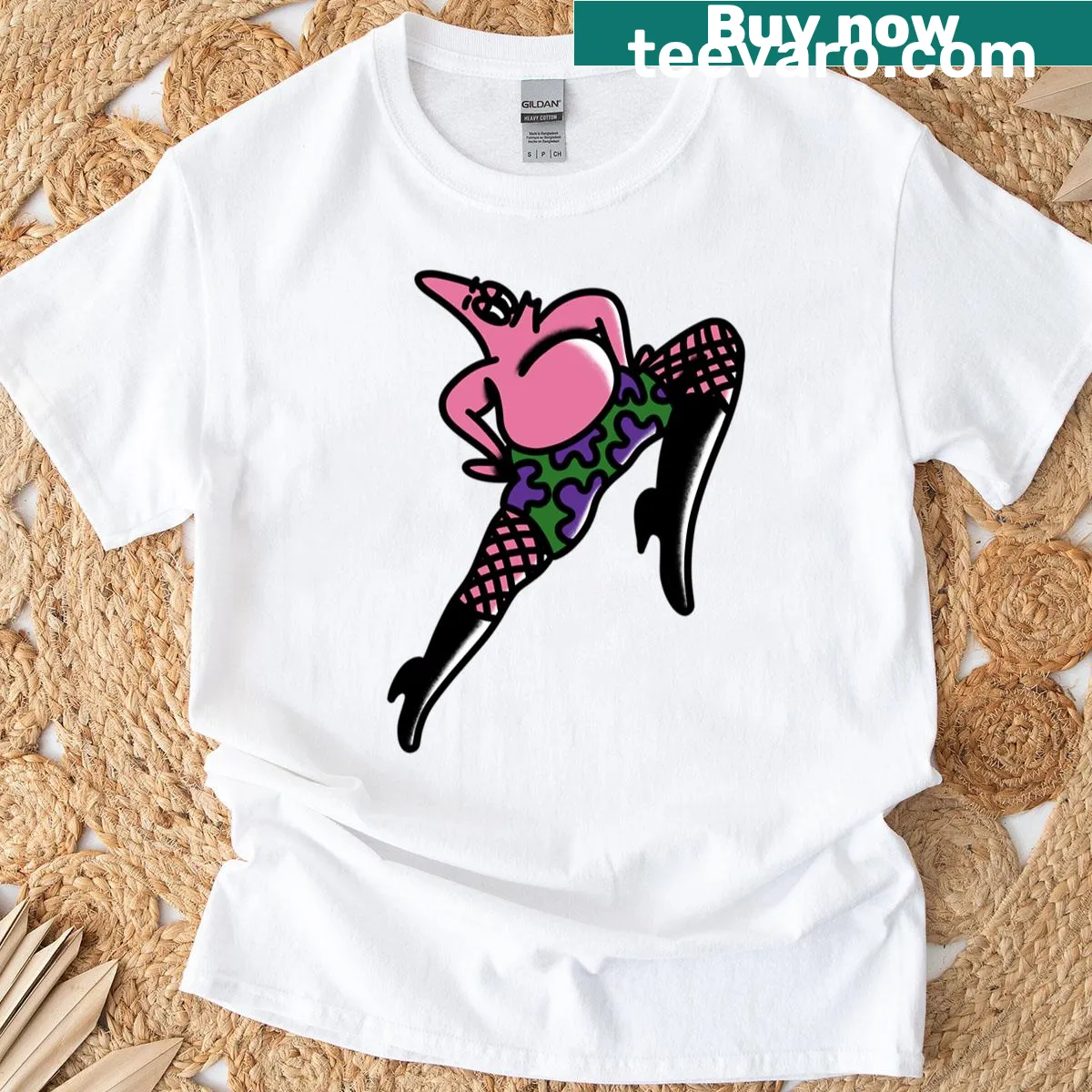 Cartoon-style tattoo flash design featuring Patrick from Spongebob — on a men's t-shirt