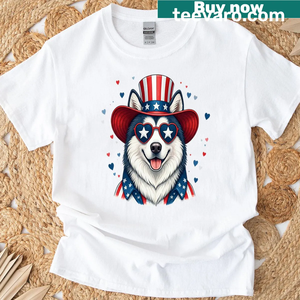 Patriotic dog t-shirt with stars and stripes design — on a men's t-shirt