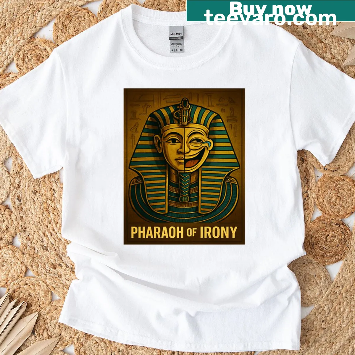 Tutankhamun-inspired design with a humorous twist on a T-shirt — on a men's t-shirt