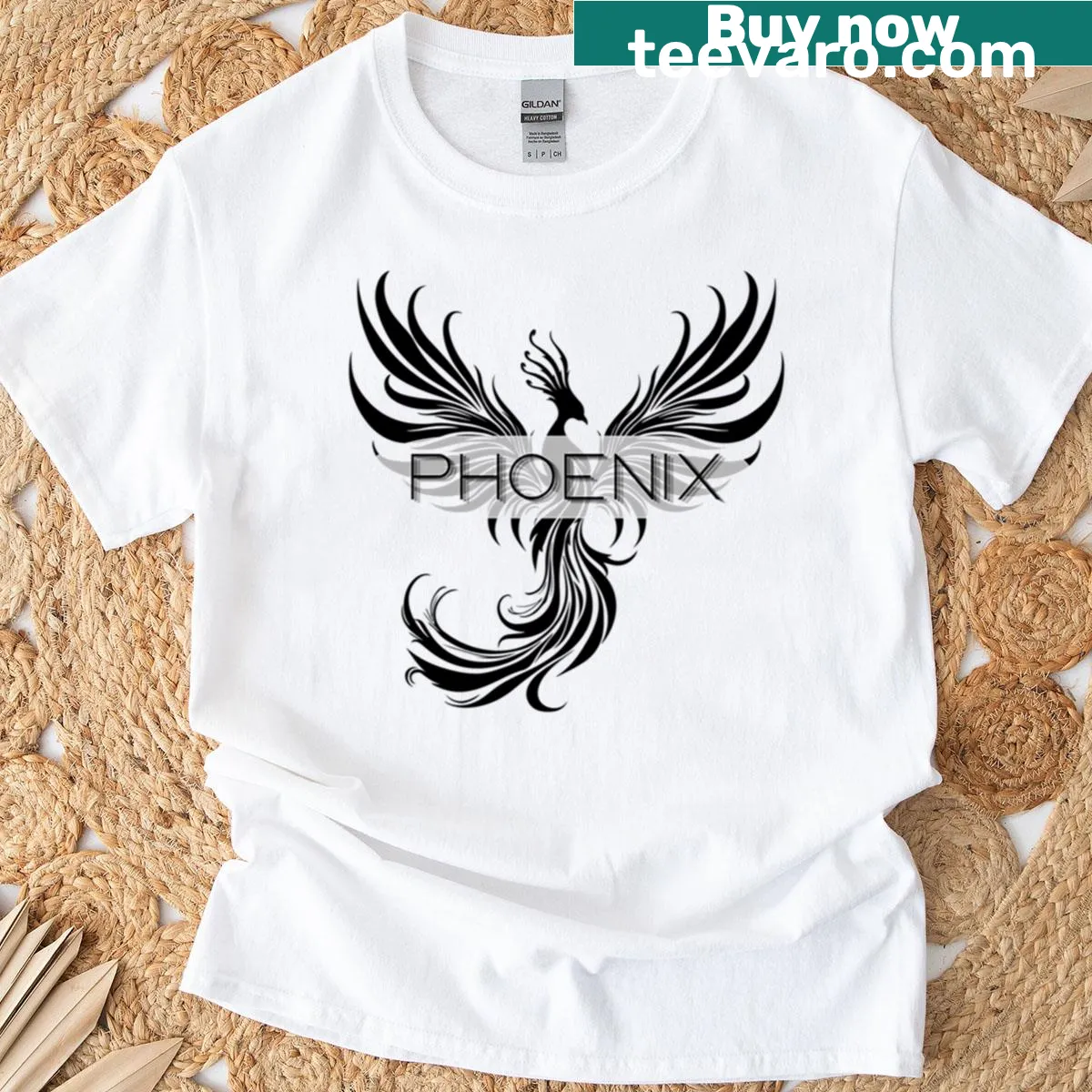 Illustration of a phoenix rising from flames on a T-shirt — on a men's t-shirt