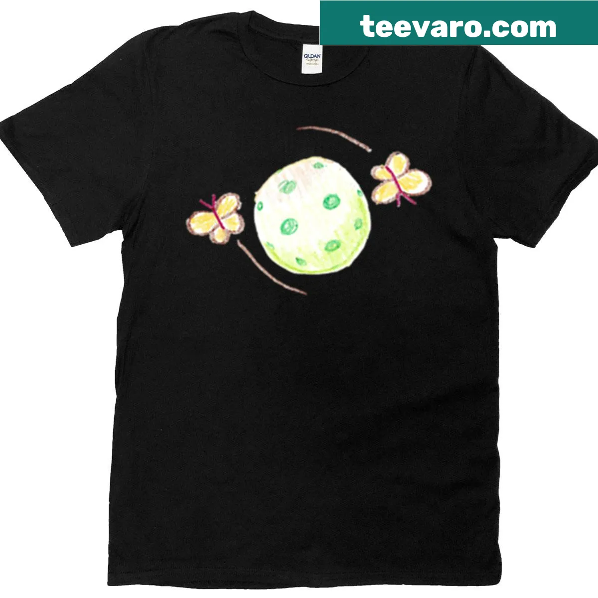 Illustrated pickleball-themed shirt with butterflies and paddles — on a men's t-shirt