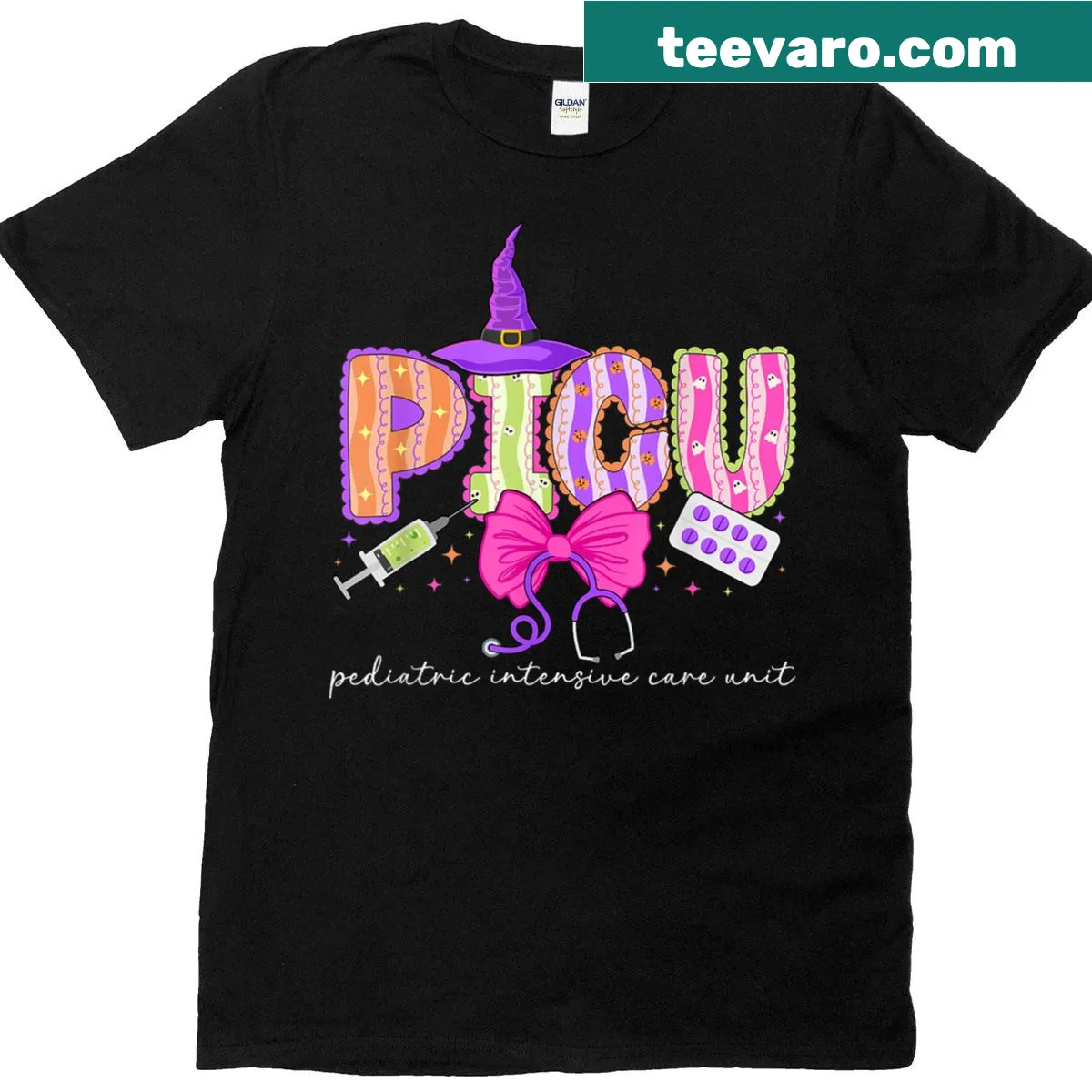 Halloween-themed T-shirt for PICU nurses with spooky design — on a men's t-shirt
