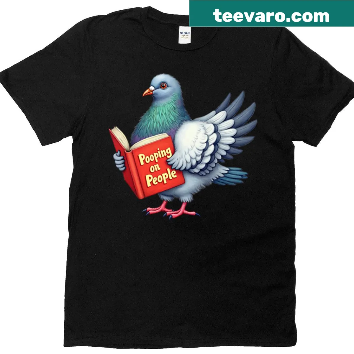 Cartoon of a pigeon pooping on people on a T-shirt — on a men's t-shirt